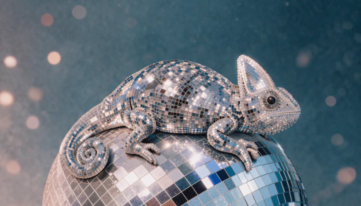 Disco Ball Chameleon Qwen Image prompt example: This prompt generates a photorealistic studio-style image of a mirrored chameleon sculpture on a disco ball, ideal for surreal...
