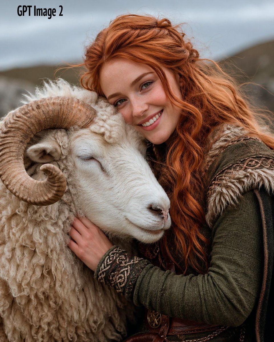 Fantasy Woman Hugging a White Ram Qwen Image prompt example: This prompt generates a realistic medieval-fantasy portrait of a red-haired woman embracing a horned white ram, ideal...