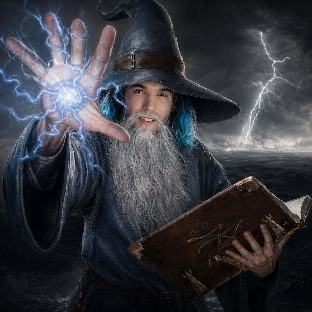 Storm Wizard Casting Lightning 的 GPT Image 2 提示词示例图：A cinematic photorealistic fantasy prompt for generating a dramatic wizard portrait with storm lighting and crackling magical...