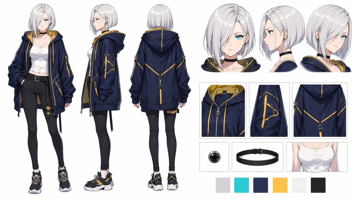 Anime Streetwear Character Sheet Qwen Image prompt example: This prompt generates a detailed anime-style character turnaround and outfit reference sheet for costume design,...