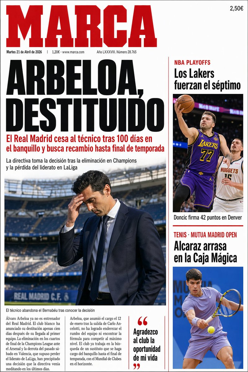 Spanish Sports Newspaper Front Page のQwen Imageプロンプト例: This prompt generates a realistic dramatic Spanish sports newspaper cover, useful for editorial mockups, media design...