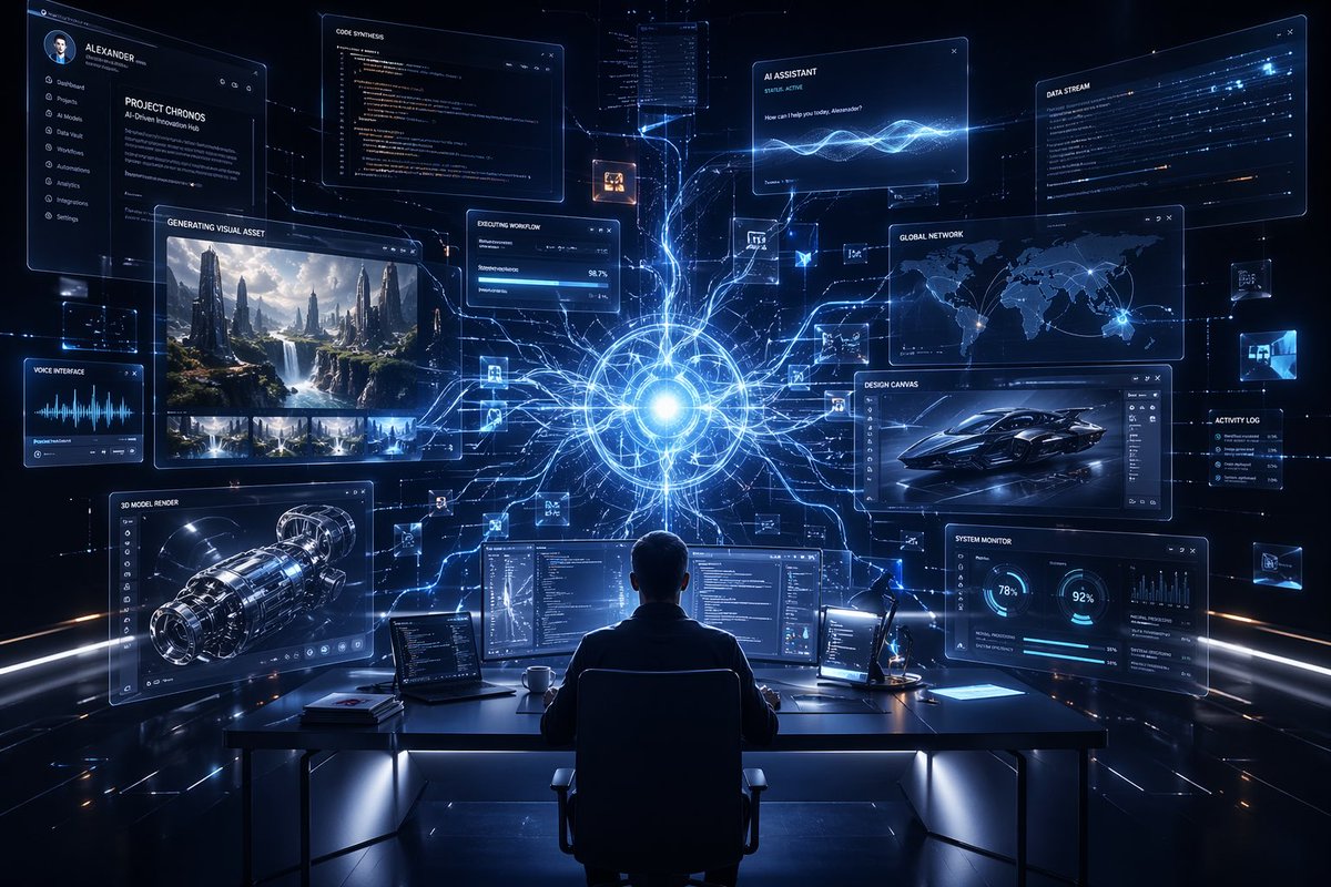 Premium Futuristic AI Workspace 的 Qwen Image 提示词示例图:A cinematic concept image of a luxury AI-powered command desk with holographic interfaces, ideal for illustrating...