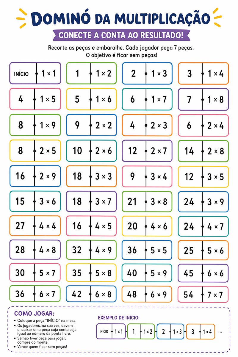 Printable Multiplication Domino Worksheet GPT Image 2 prompt example: A colorful Brazilian Portuguese classroom worksheet for practicing multiplication through a domino matching...