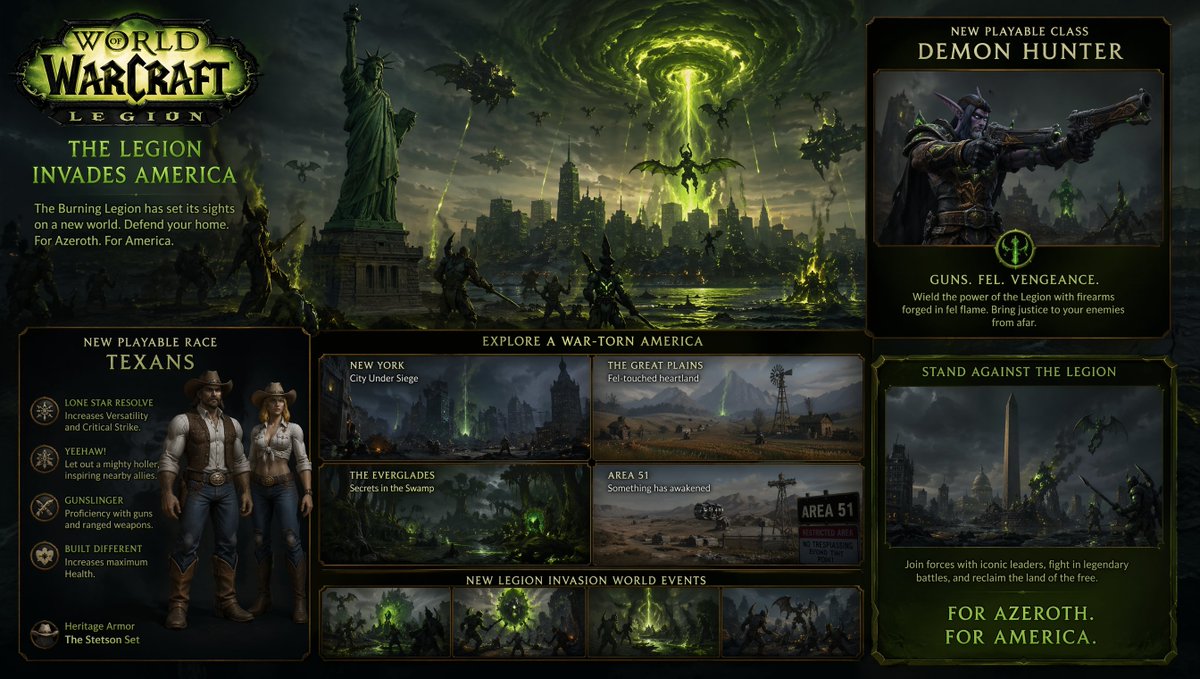 Fantasy MMO America Invasion Poster Qwen Image prompt example: A satirical AAA game expansion poster styled like an official World of Warcraft: Legion promo, useful for...