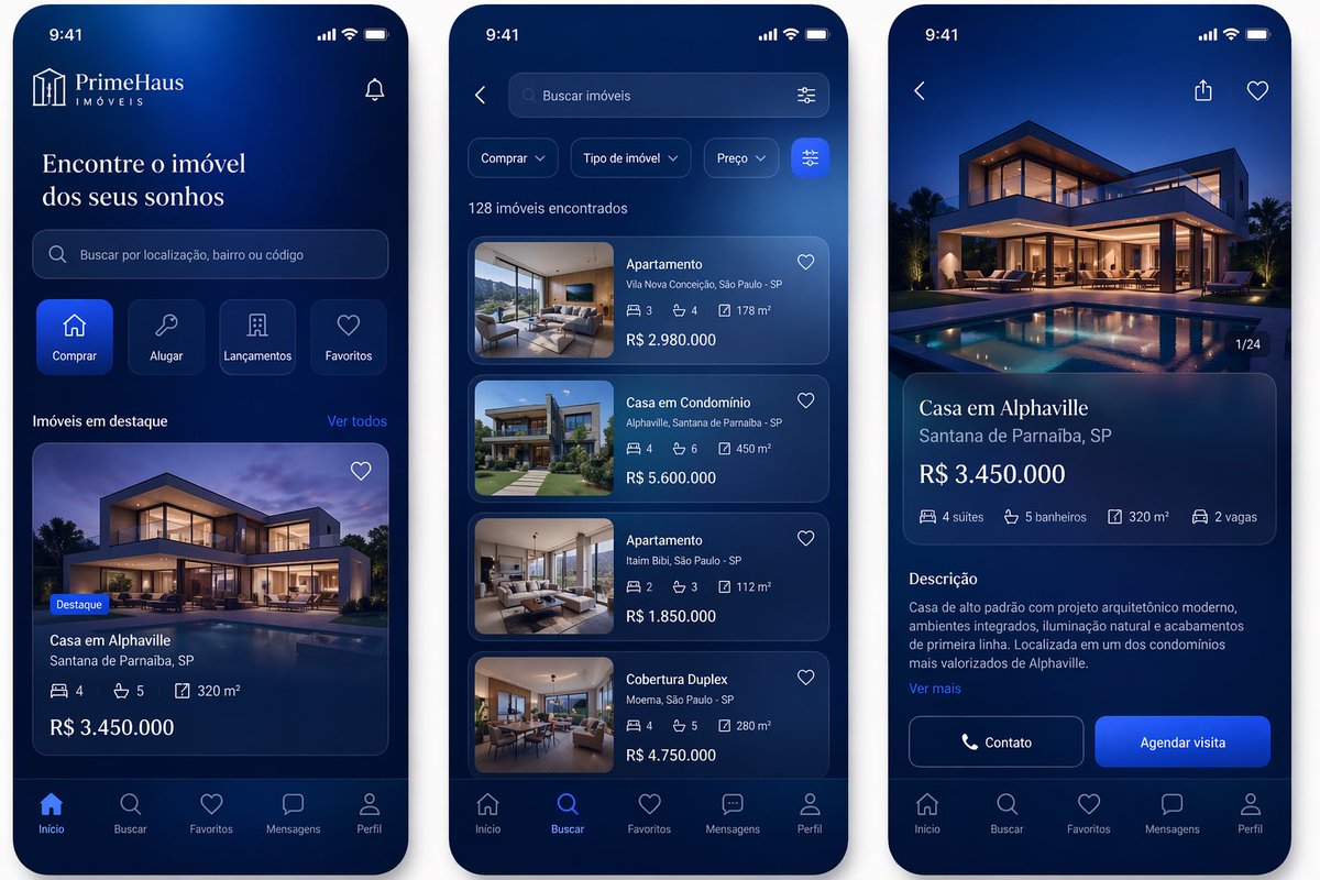 Luxury Real Estate App UI Mockup のQwen Imageプロンプト例: A polished three-screen mobile app concept for a premium real estate platform, ideal for showcasing app UI design, product...