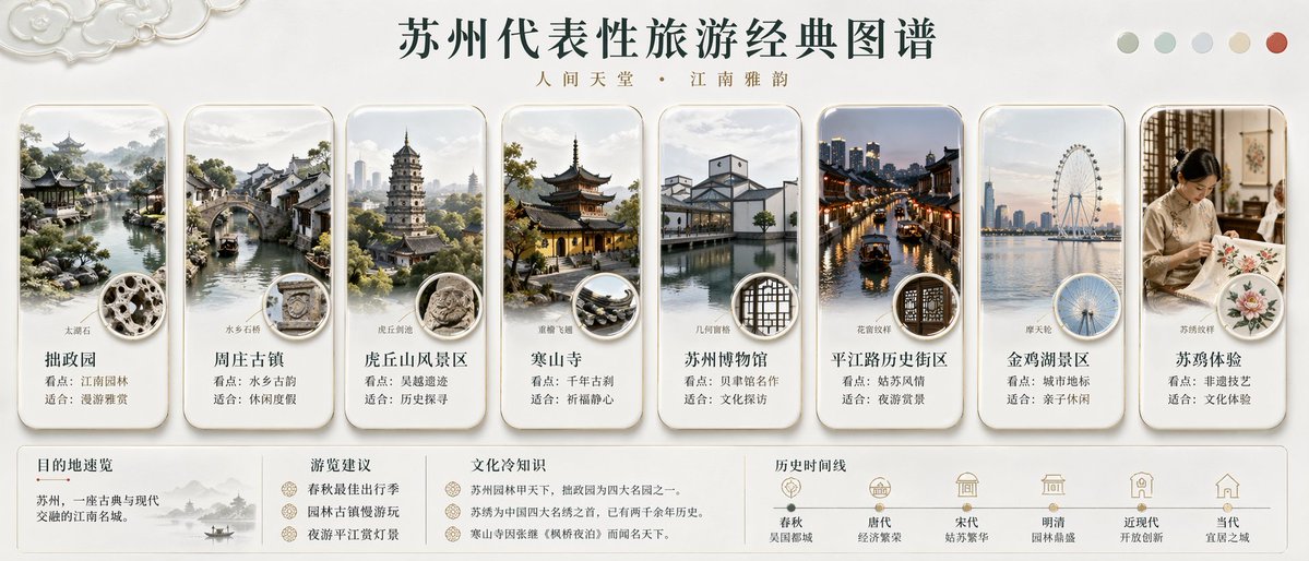 Suzhou Classic Travel Infographic のQwen Imageプロンプト例: A polished Chinese tourism poster showcasing eight iconic Suzhou destinations and cultural highlights, suitable for travel...