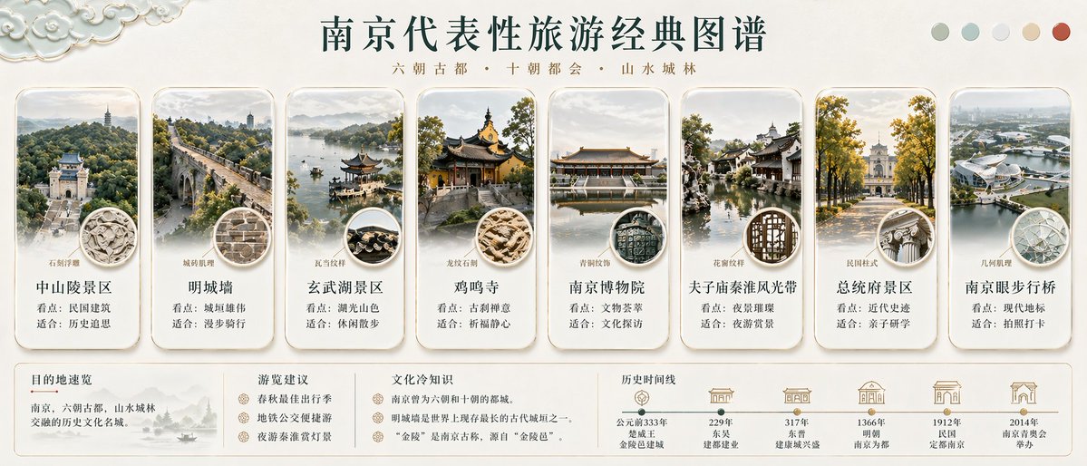 Nanjing Classic Tourism Atlas Poster Qwen Image 프롬프트 예시: This prompt generates a polished Chinese travel infographic poster showcasing eight iconic Nanjing attractions with...
