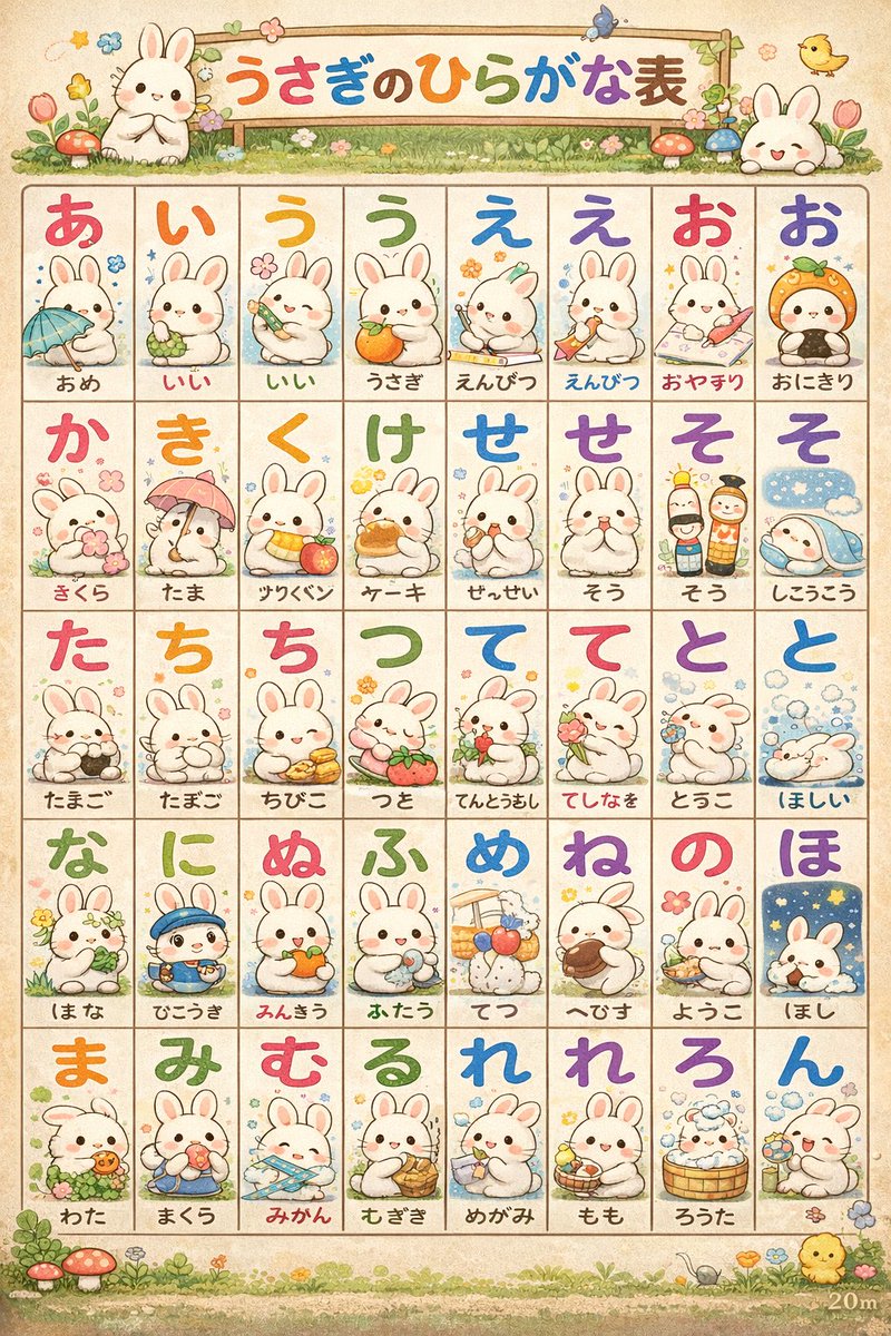Cute Bunny Hiragana Poster Qwen Image 프롬프트 예시: A whimsical Japanese hiragana learning chart with 40 bunny-illustrated cells, ideal for classroom decor, children's materials, or...