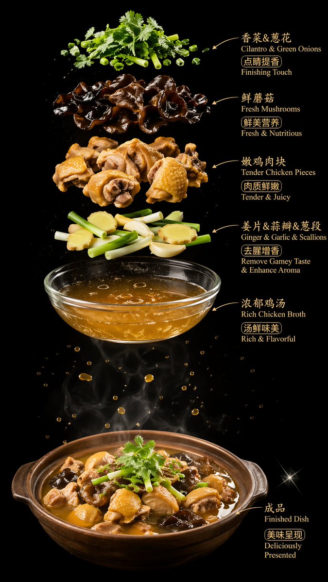 Luxury Chicken Soup Ingredient Poster Qwen Image prompt example: A dramatic bilingual food advertisement prompt for generating a high-end vertical poster that shows stacked soup...