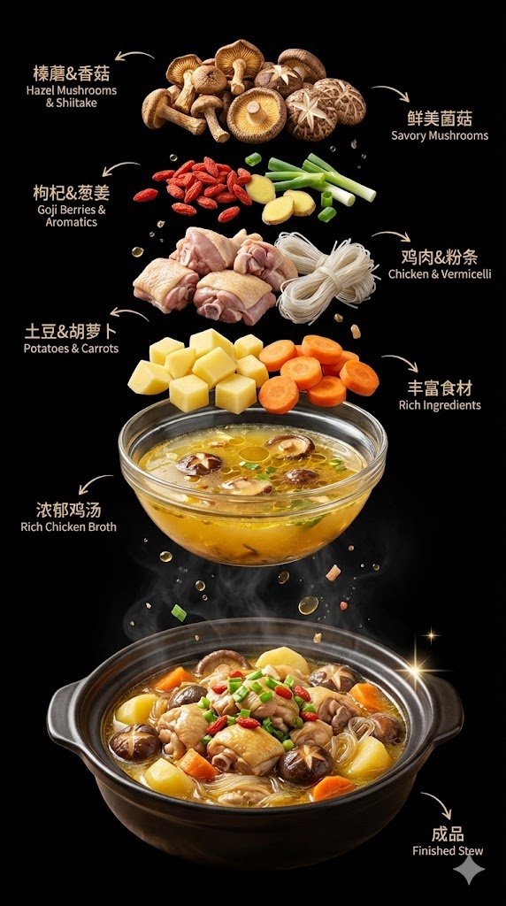 Exploded Chicken Mushroom Stew Ad Qwen Image prompt example: A high-contrast vertical food poster showing an exploded ingredient layout and bilingual labels for a rich chicken,...