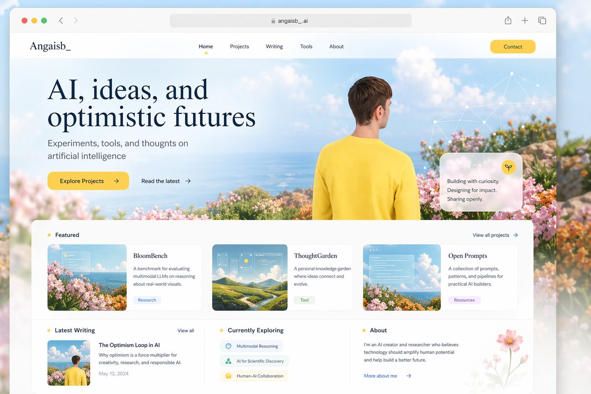 Optimistic AI Portfolio Landing Page Qwen Image prompt example: A polished personal AI portfolio homepage mockup for showcasing projects, writing, and research themes in a bright...