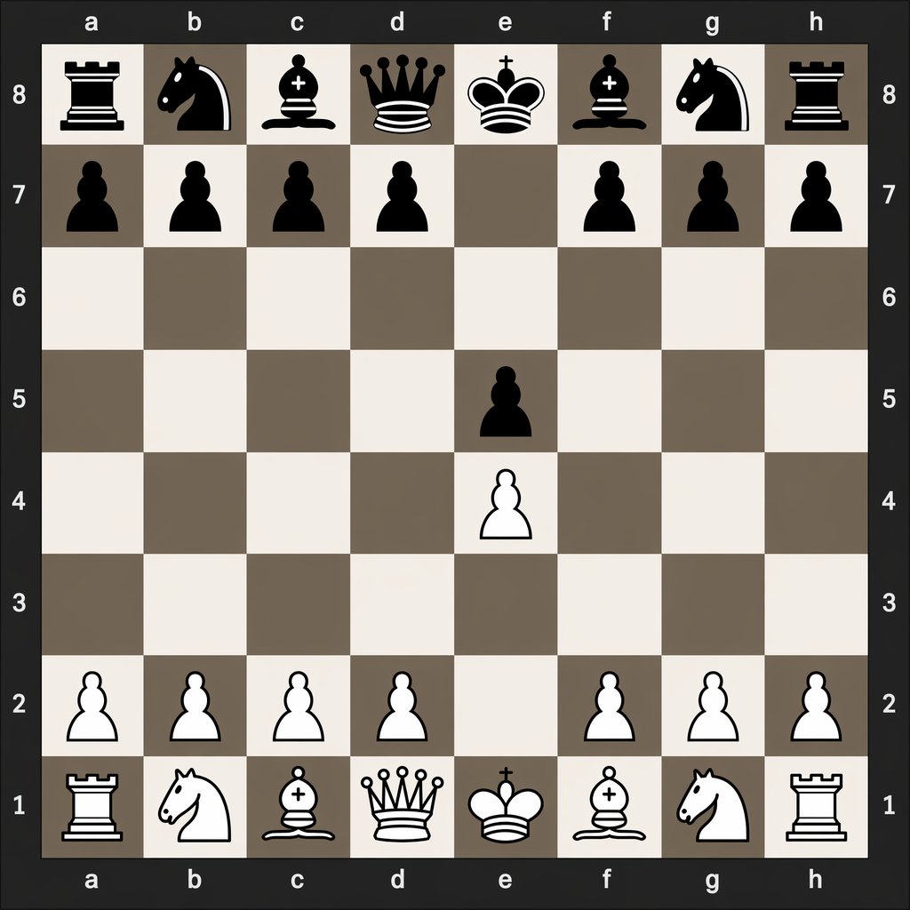 Digital Chessboard After 1.e4 e5 GPT Image 2 prompt example: This prompt generates a clean digital chess diagram showing the exact board position after the opening moves 1.e4 e5,...