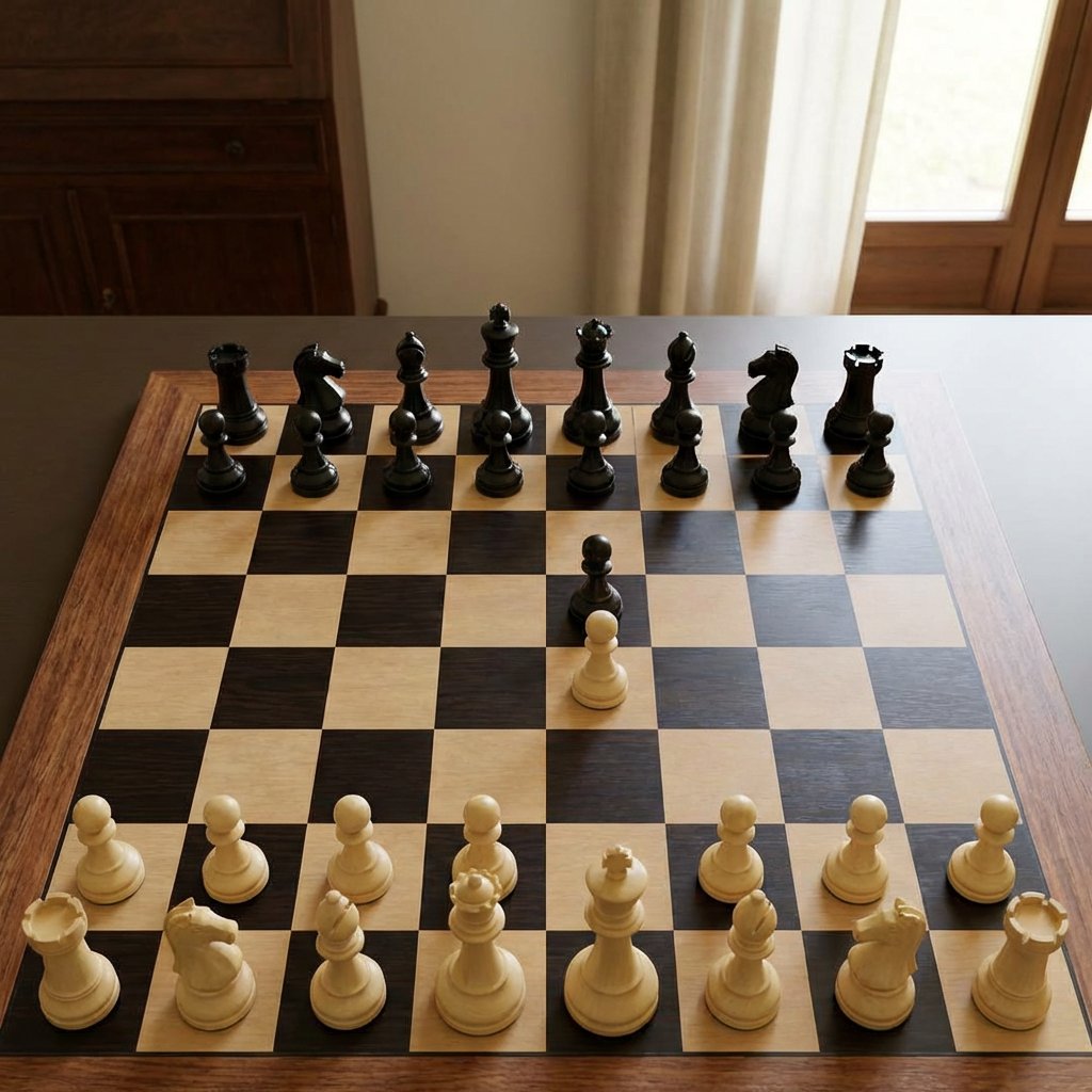 Realistic Chess Opening Photo GPT Image 2 prompt example: This prompt generates a realistic indoor photo of a wooden chessboard with a simple opening position, useful for chess...