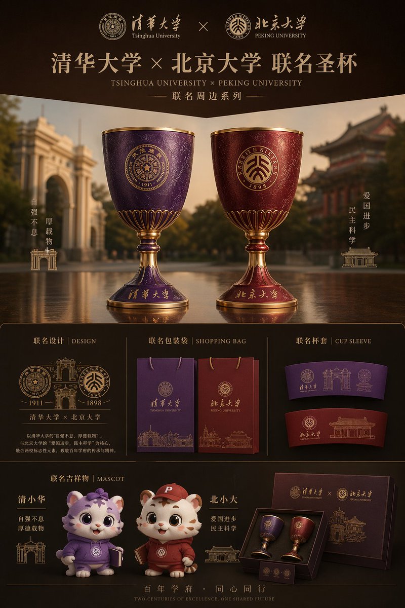 Luxury University Co-Branded Gift Poster のQwen Imageプロンプト例: A premium commercial poster showcasing a Tsinghua University and Peking University collaborative goblet gift series...