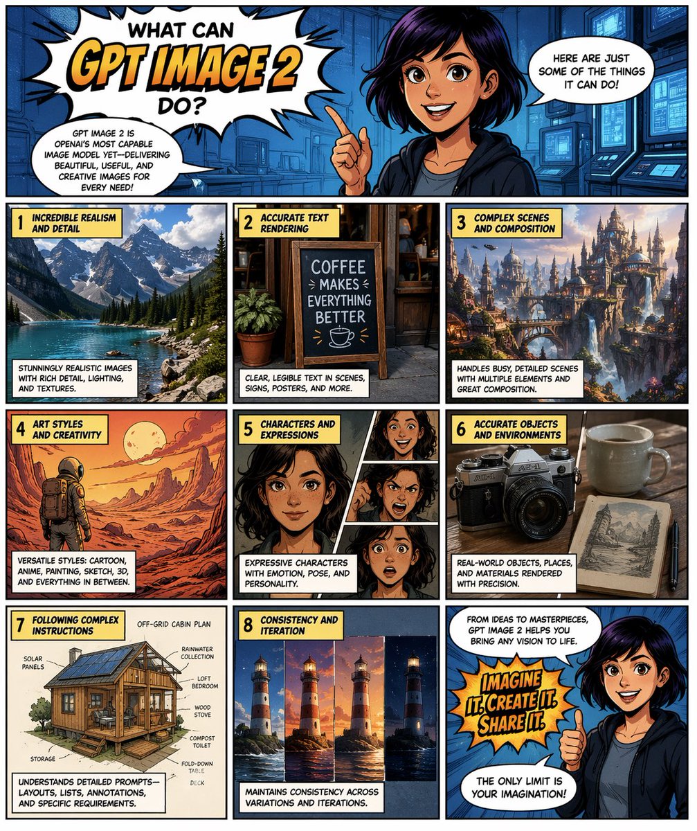 Comic Page for GPT Image 2 Capabilities Qwen Image prompt example: A polished comic-style promotional page highlighting multiple image-generation strengths, ideal for product...