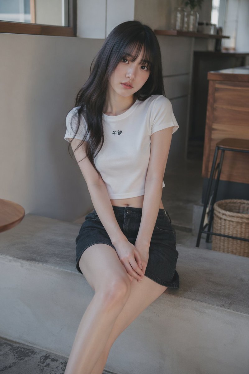 Soft Cafe Portrait of Young Woman のQwen Imageプロンプト例: This prompt generates a realistic vertical fashion portrait of a young woman seated in a minimalist cafe, ideal for lifestyle...