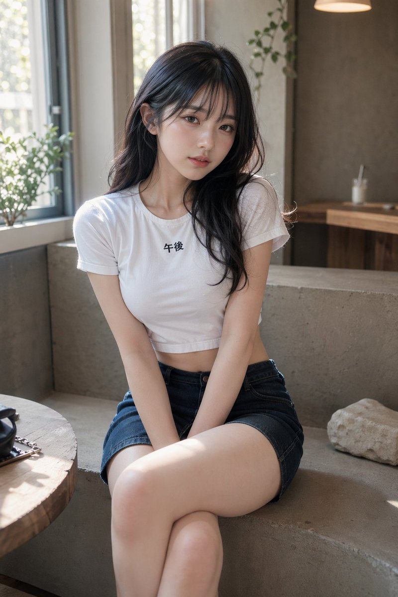 Soft Cafe Portrait of Young Woman のQwen Imageプロンプト例 バリエーション 3: This prompt generates a realistic vertical fashion portrait of a young woman seated in a minimalist cafe, ideal for...