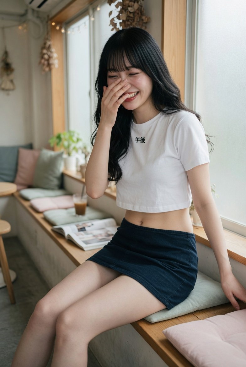 Soft Cafe Portrait of Young Woman のQwen Imageプロンプト例 バリエーション 4: This prompt generates a realistic vertical fashion portrait of a young woman seated in a minimalist cafe, ideal for...