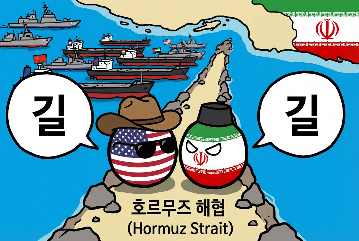 Countryball Hormuz Strait Standoff Qwen Image prompt example: This prompt generates a satirical countryball meme showing the US and Iran blocking each other at the Strait of...
