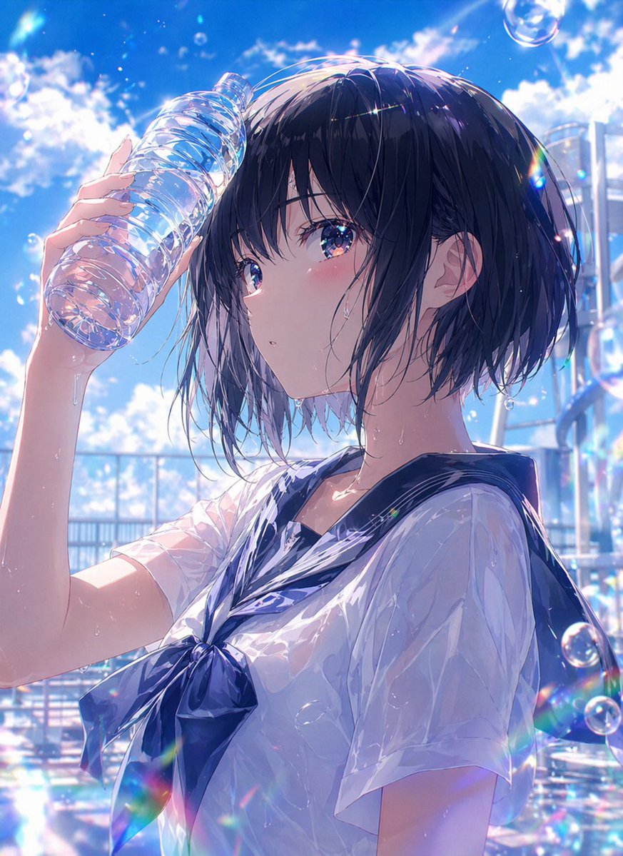 Wet Summer Anime Schoolgirl Portrait のQwen Imageプロンプト例: A glossy anime illustration prompt for creating a sunlit summer school pool portrait with wet clothing, sparkling water...