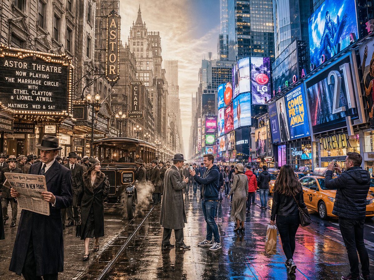 Split-Screen Time Travel Scene のQwen Imageプロンプト例: A complex prompt designed to generate a seamless horizontal split-screen image blending historical and modern eras within a...