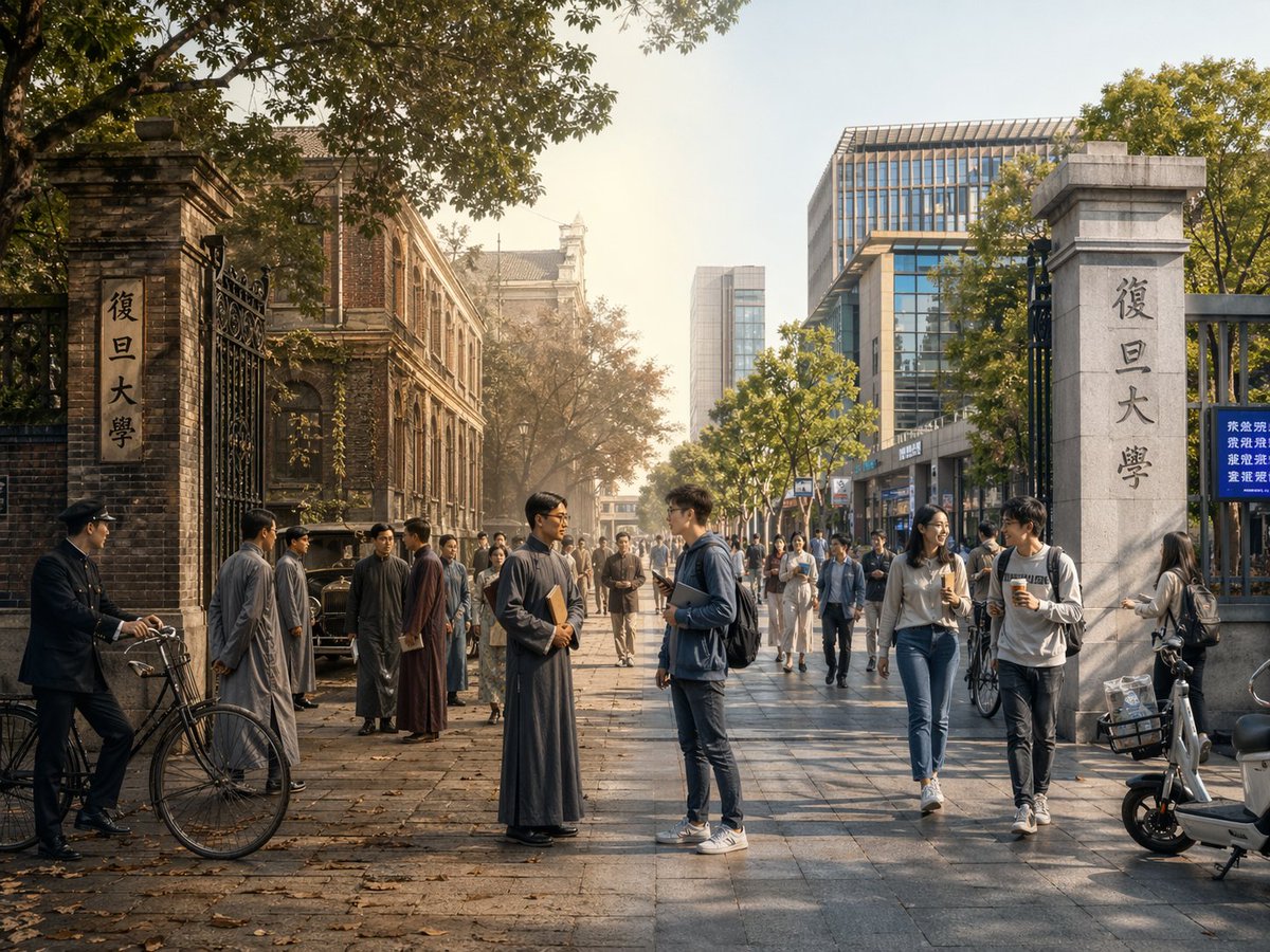 Split-Screen Time Travel Scene のQwen Imageプロンプト例 バリエーション 2: A complex prompt designed to generate a seamless horizontal split-screen image blending historical and modern eras...