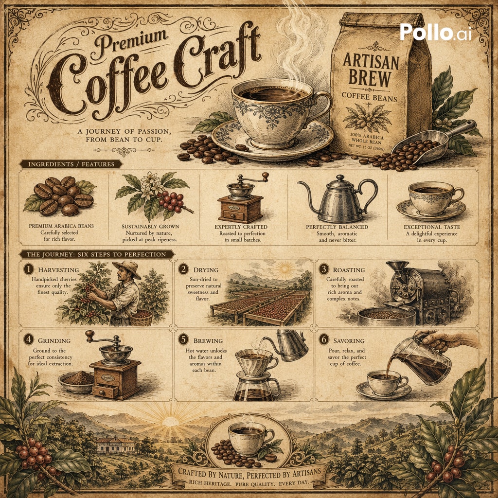 Vintage Botanical Infographic Qwen Image prompt example: A detailed prompt for creating a 19th-century lithograph-style coffee infographic with an aged parchment aesthetic.