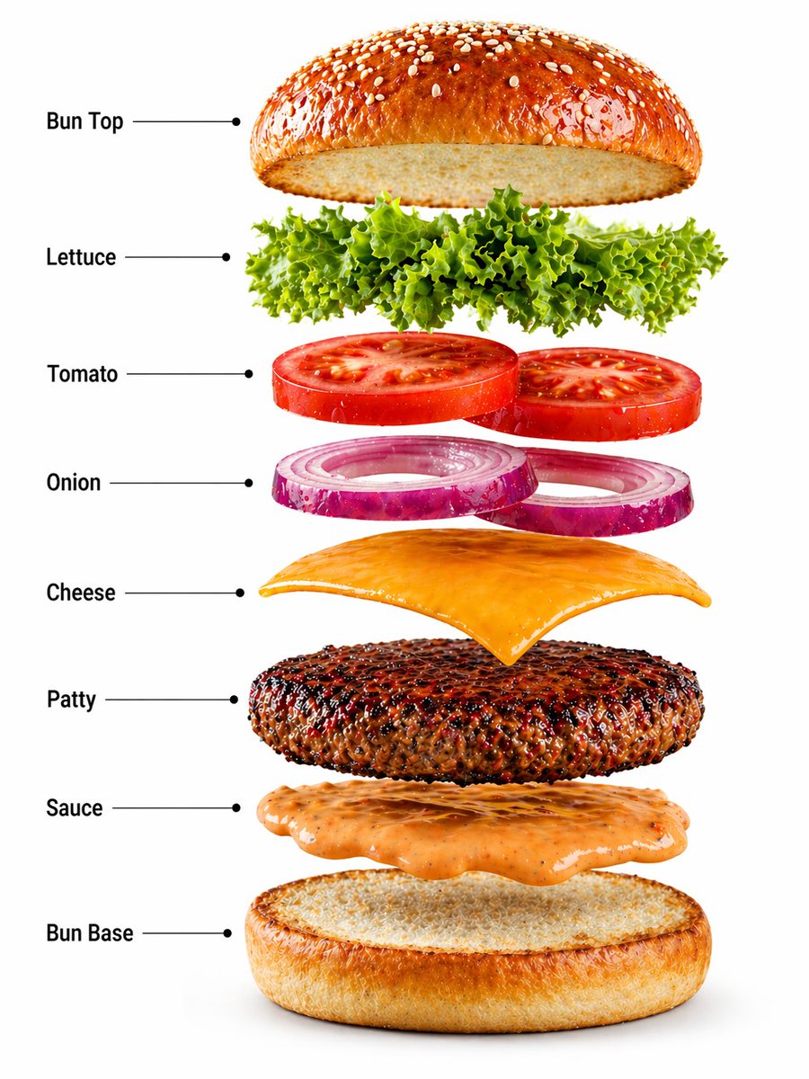 Gourmet Burger Commercial Photography GPT Image 2 prompt example: A professional food photography prompt for a gourmet cheeseburger, including a version for an exploded view...