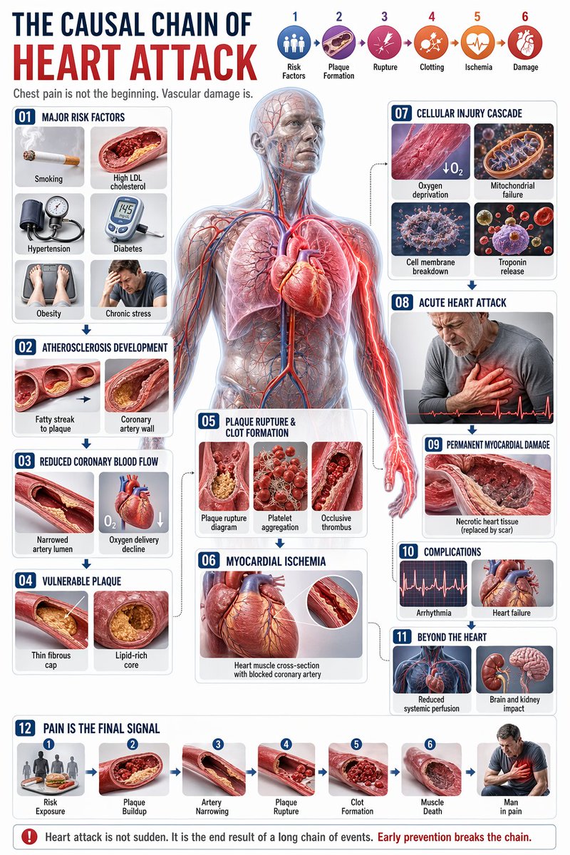 Medical Infographic JSON Prompt のQwen Imageプロンプト例: A complex structured JSON prompt for generating a professional 3D medical infographic about heart attacks.