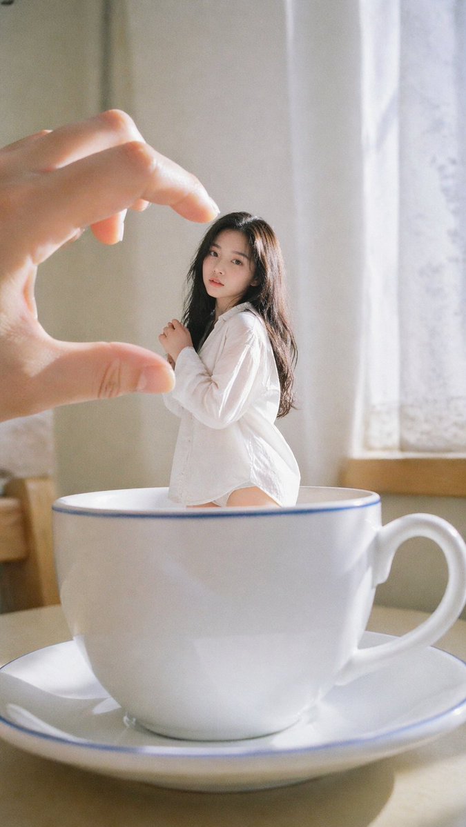 Forced Perspective Idol Portrait GPT Image 2 prompt example: A complex, detailed prompt for generating a surreal forced perspective portrait of a Korean idol in a nostalgic 35mm...