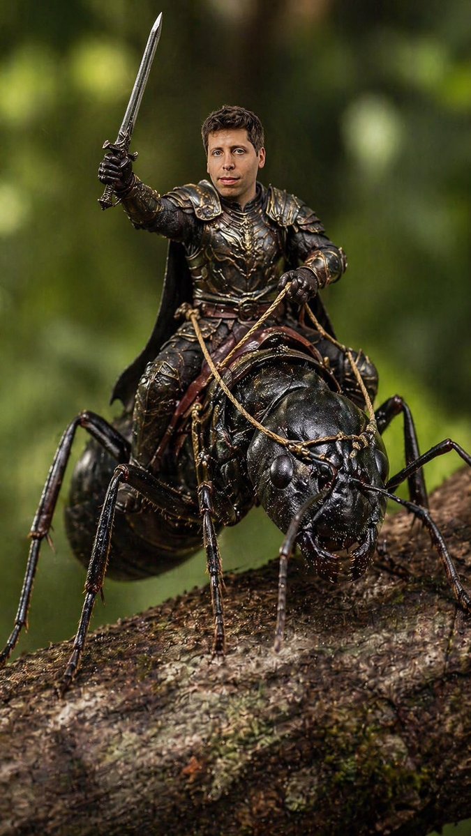Ant Warrior Macro Photography GPT Image 2 prompt example: A creative macro photography prompt depicting a tiny warrior riding a highly detailed, shiny black ant on a forest twig.