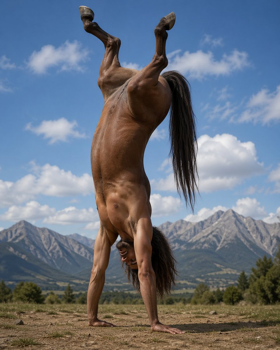 Centaur handstand prompt for GPT Image 2 のQwen Imageプロンプト例 バリエーション 2: A simple test prompt for GPT Image 2 attempting to generate a centaur performing a handstand.