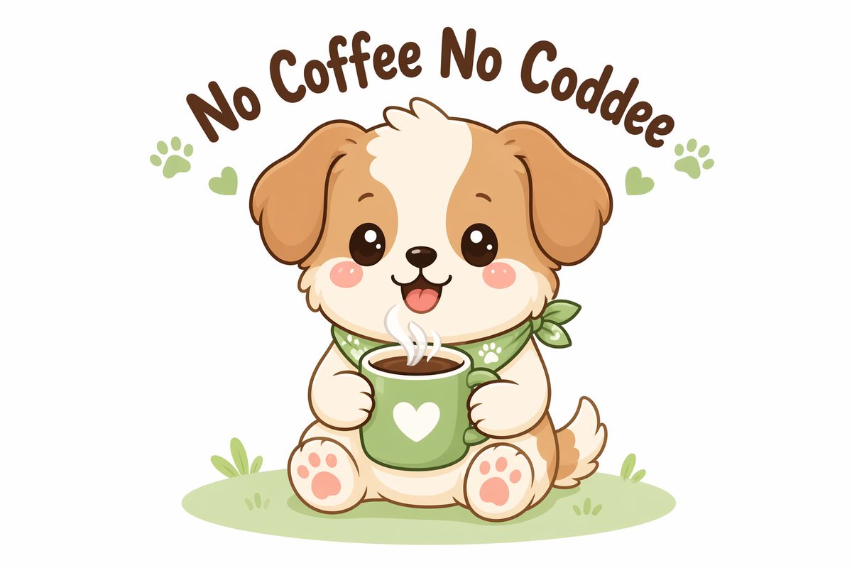 Kawaii coffee dog vector illustration Qwen Image 프롬프트 예시: A prompt for creating a cute, flat 2D vector illustration of a cartoon dog holding a coffee mug with custom text.