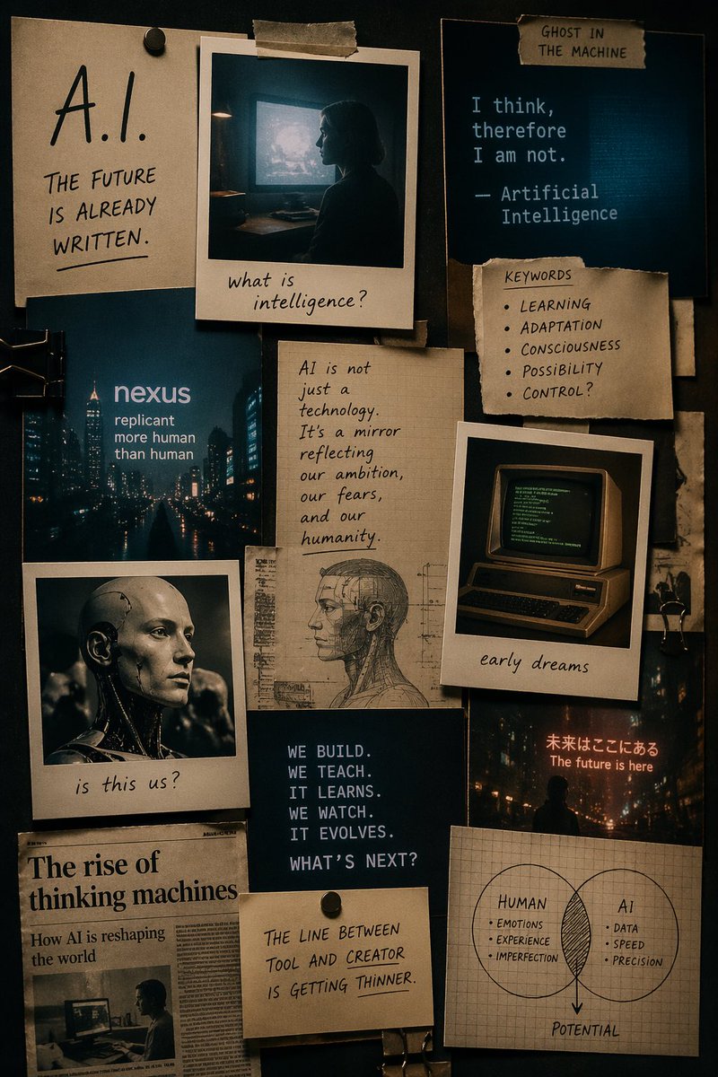 Cinematic AI mood board prompt GPT Image 2 prompt example: A prompt for generating nostalgic, cinematic mood boards or collages about AI using Polaroid-style aesthetics.