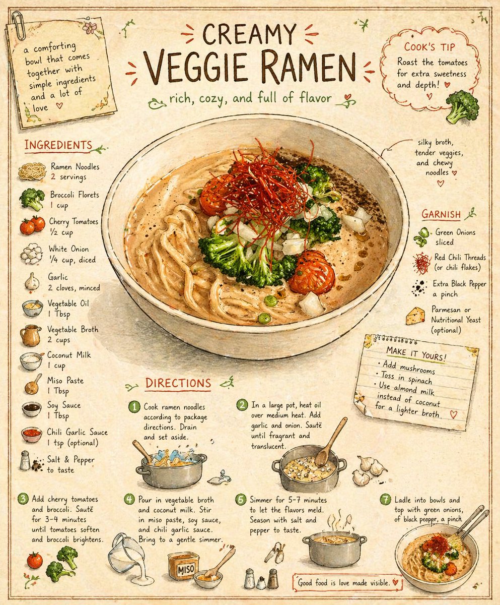 Vintage Cookbook Illustration Qwen Image 프롬프트 예시: Transforms a food photo into a hand-drawn vintage cookbook recipe page, complete with labels, textured shading, and handwritten...