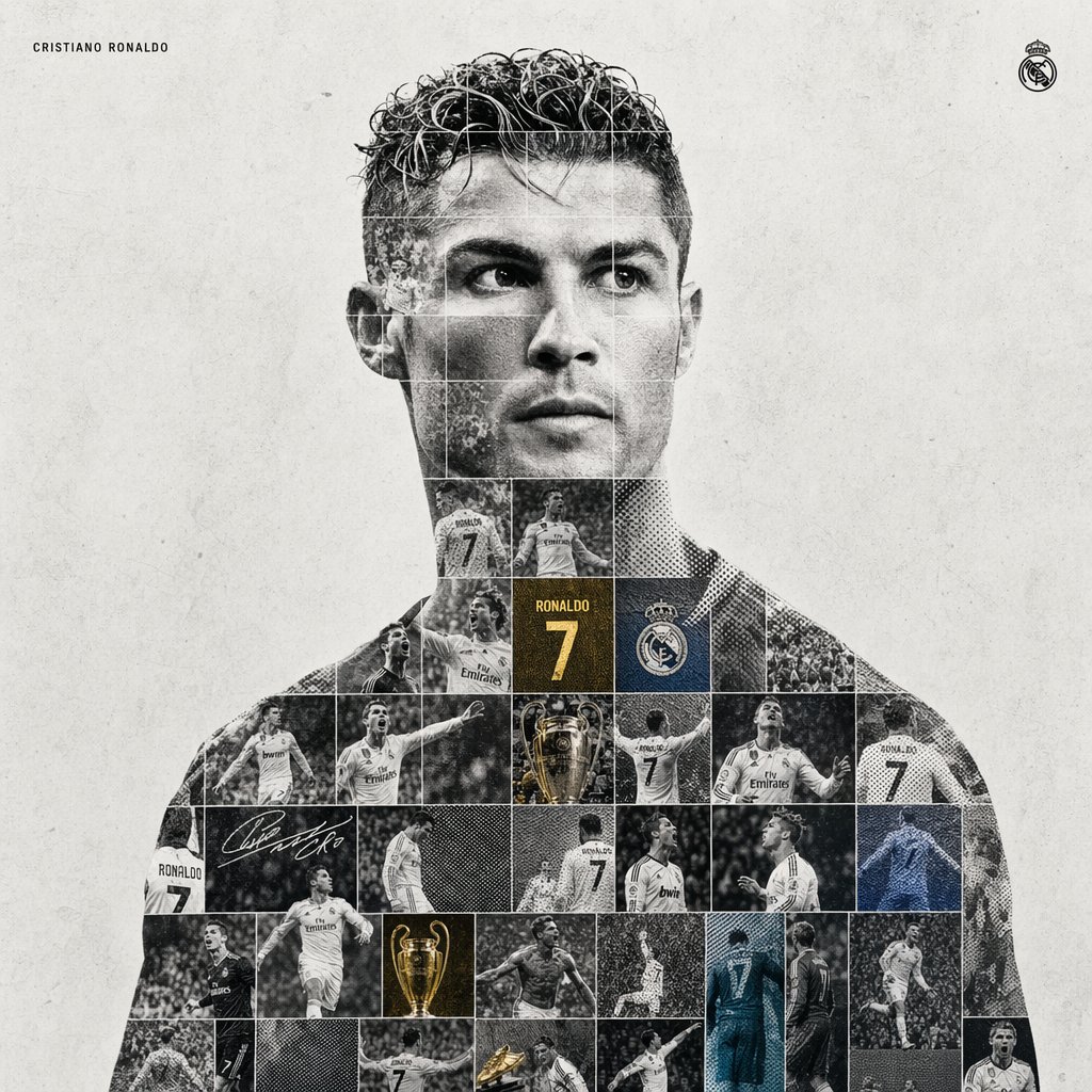 Dual Exposure Sports Graphic のQwen Imageプロンプト例 バリエーション 2: A sophisticated prompt for creating a mixed-media sports tribute poster using silhouette containers, photo-mosaic grids,...
