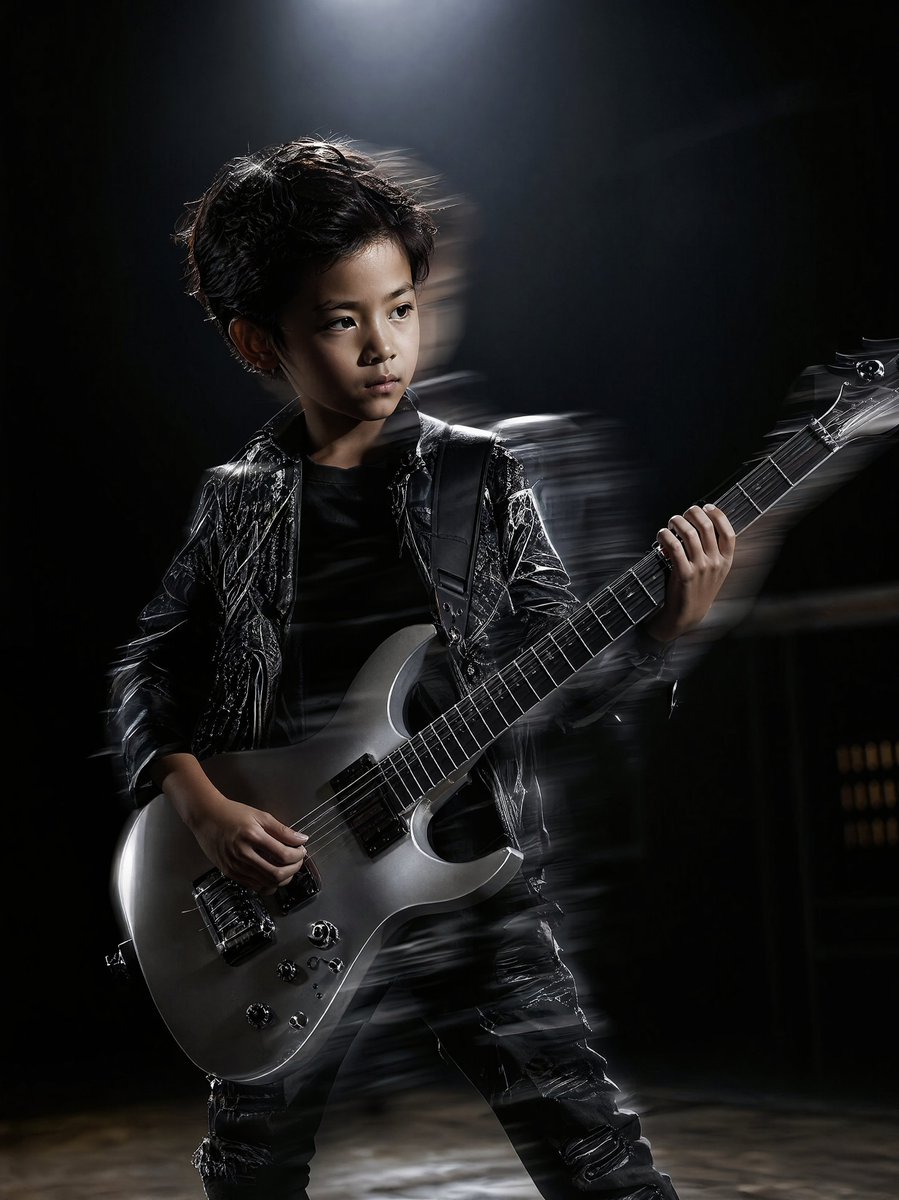 Moody Guitarist Portrait のQwen Imageプロンプト例: A high-contrast fashion editorial prompt for a child guitarist in a rehearsal hall, utilizing dramatic lighting and silhouette effects...