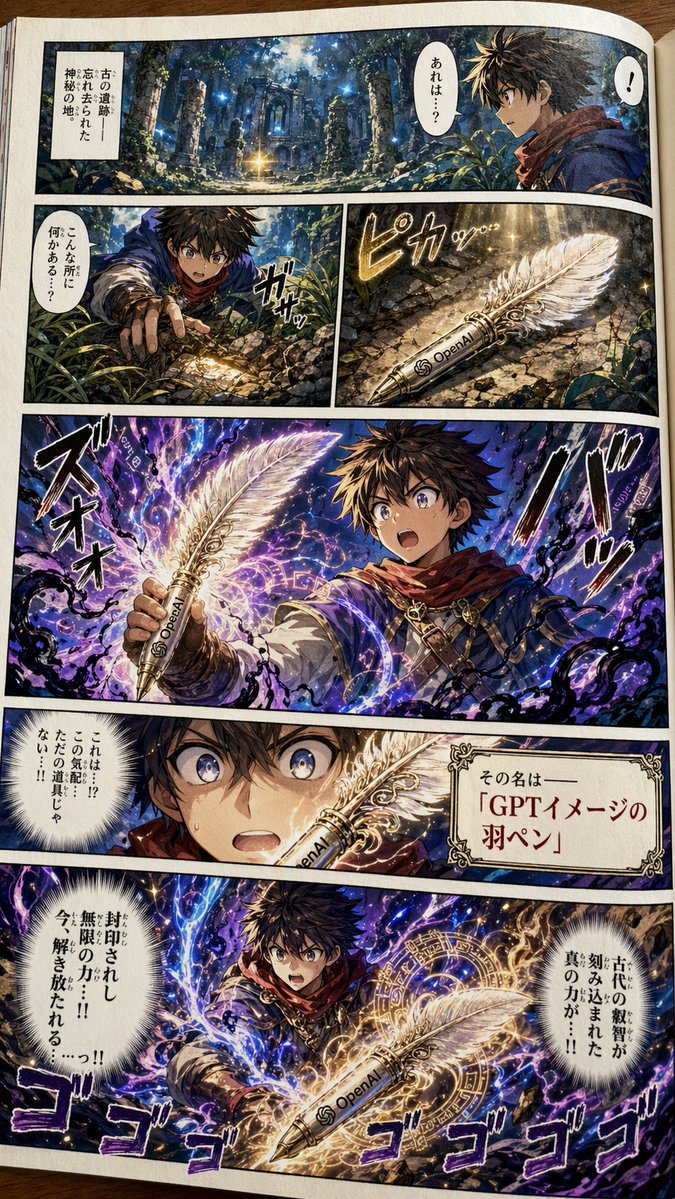 Japanese Shonen Manga Page Qwen Image 프롬프트 예시: A comprehensive prompt for generating a colorized Japanese shonen manga page featuring a magical quill, complete with AI company...