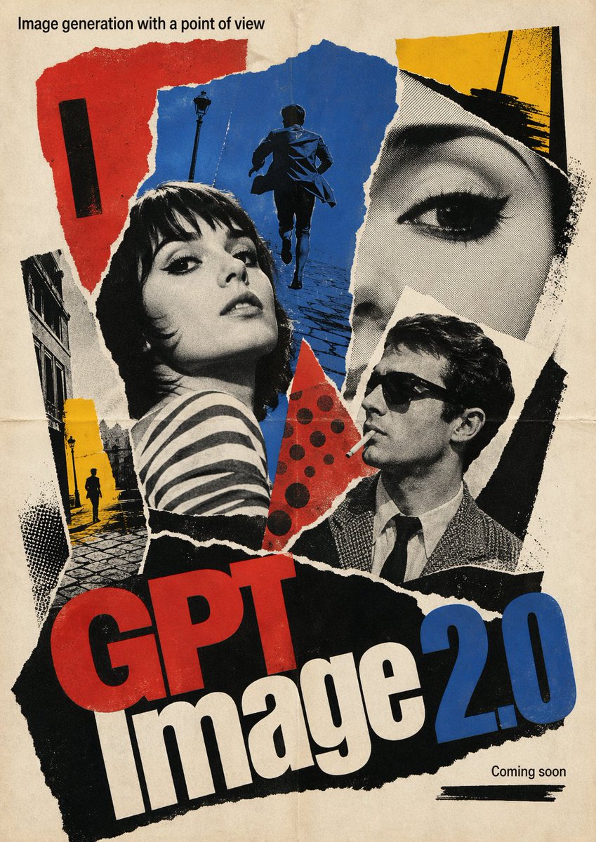 1960s French New Wave Movie Poster のQwen Imageプロンプト例: A stylistic prompt for a French New Wave cinema poster featuring bold photomontage, pop-art colors, and specific English...