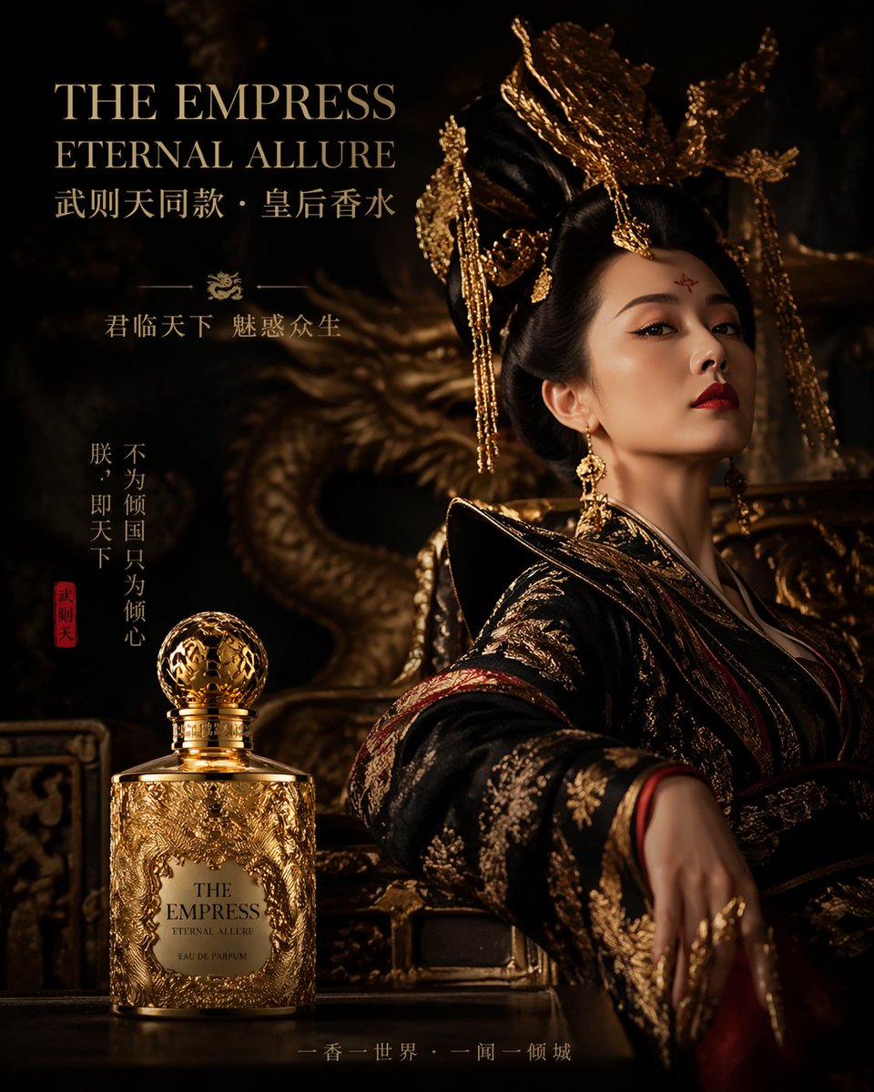Royal Perfume Advertisement Prompt GPT Image 2 prompt example: A prompt for a luxury perfume ad based on Empress Wu Zetian, featuring a dark palace aesthetic.