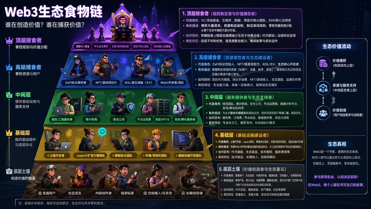 Web3 Ecosystem Food Chain 的 Qwen Image 提示词示例图：A creative prompt mapping different tiers of characters in the Web3 market as an ecological food chain.