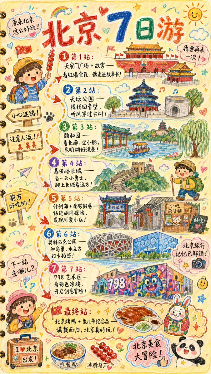 Hand-drawn Travel Journal Illustration Qwen Image 프롬프트 예시: A detailed prompt for creating a child-like, hand-drawn travel journal illustration with customizable city names,...