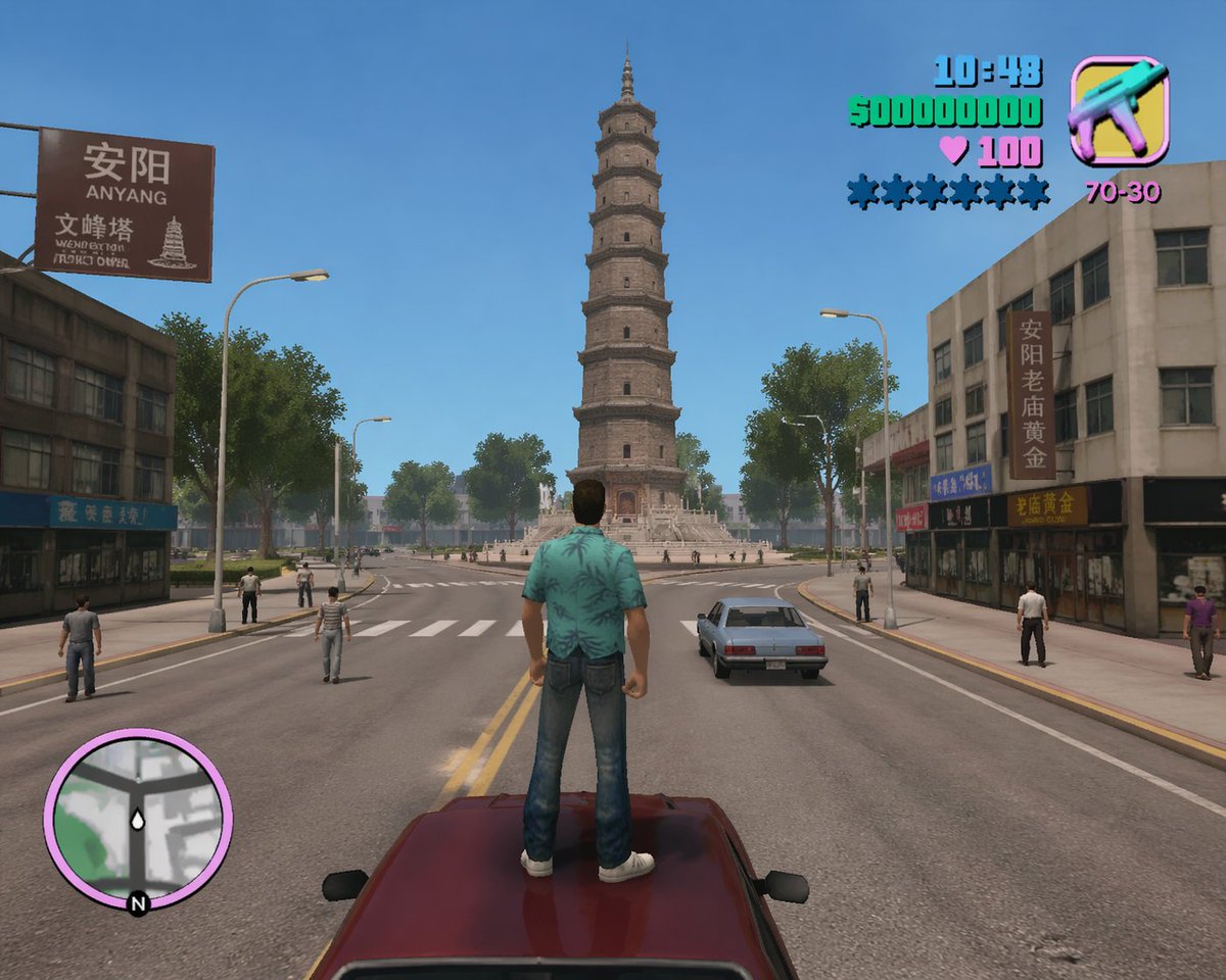 retro open-world game Anyang Concept Screenshot Qwen Image 프롬프트 예시: A creative prompt merging the style of retro open-world game with the real-world location of Wenfeng Pagoda in...