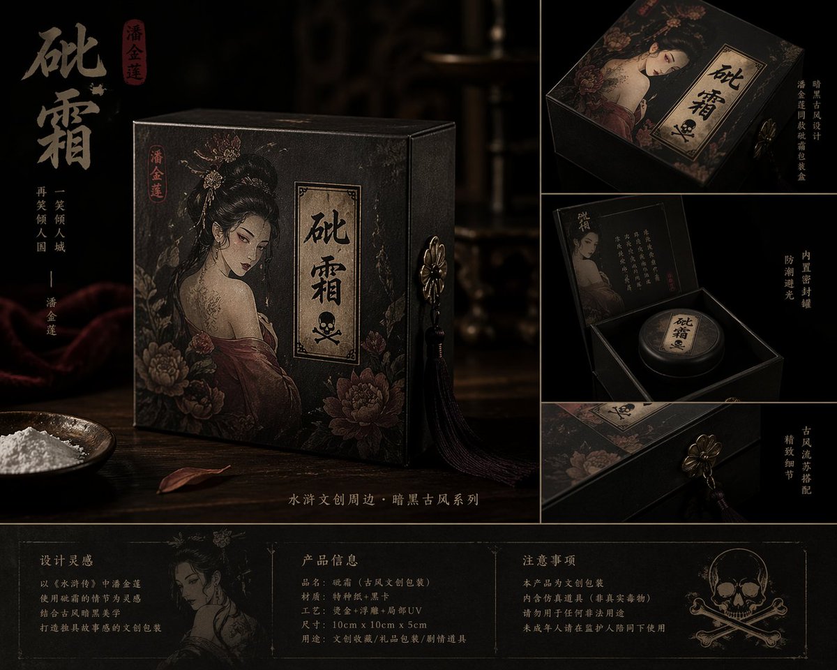 Dark Ancient Chinese Style Packaging Qwen Image 프롬프트 예시: A prompt for designing dark, ancient-style packaging for creative cultural products inspired by traditional Chinese...