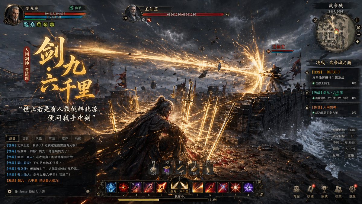 Wuxia MMORPG Gameplay Screenshot Qwen Image prompt example variation 2: An epic prompt for creating martial arts game screenshots with dramatic sword effects, game UI elements,...