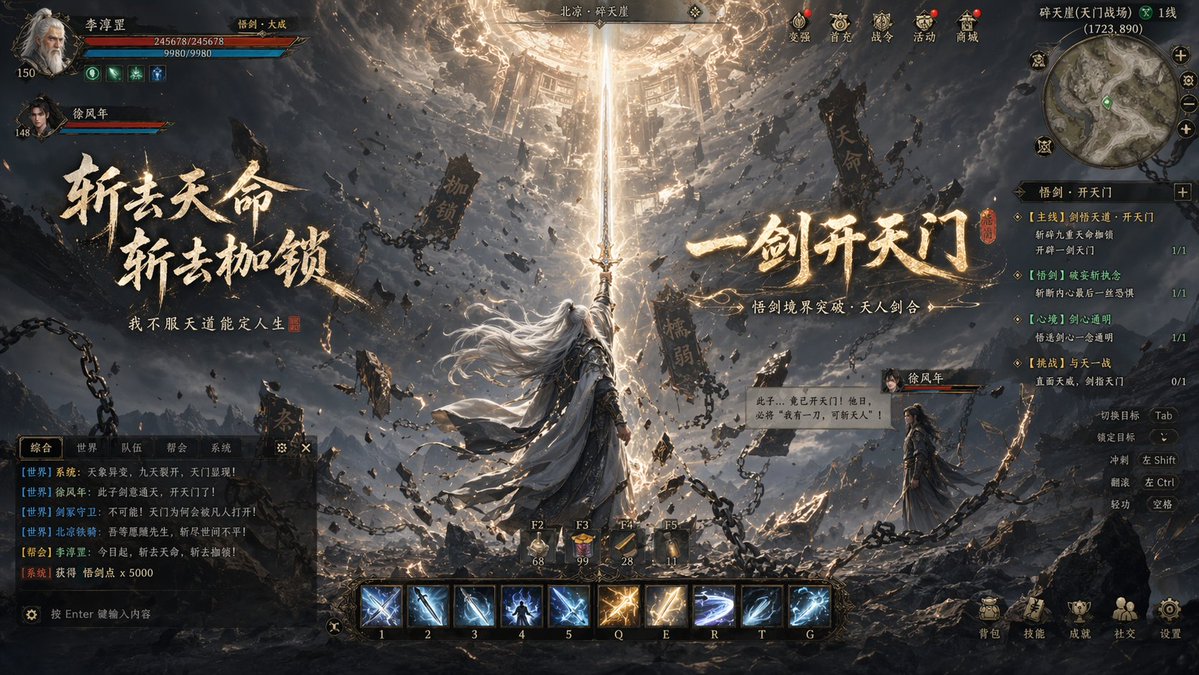 Wuxia MMORPG Gameplay Screenshot Qwen Image prompt example variation 3: An epic prompt for creating martial arts game screenshots with dramatic sword effects, game UI elements,...