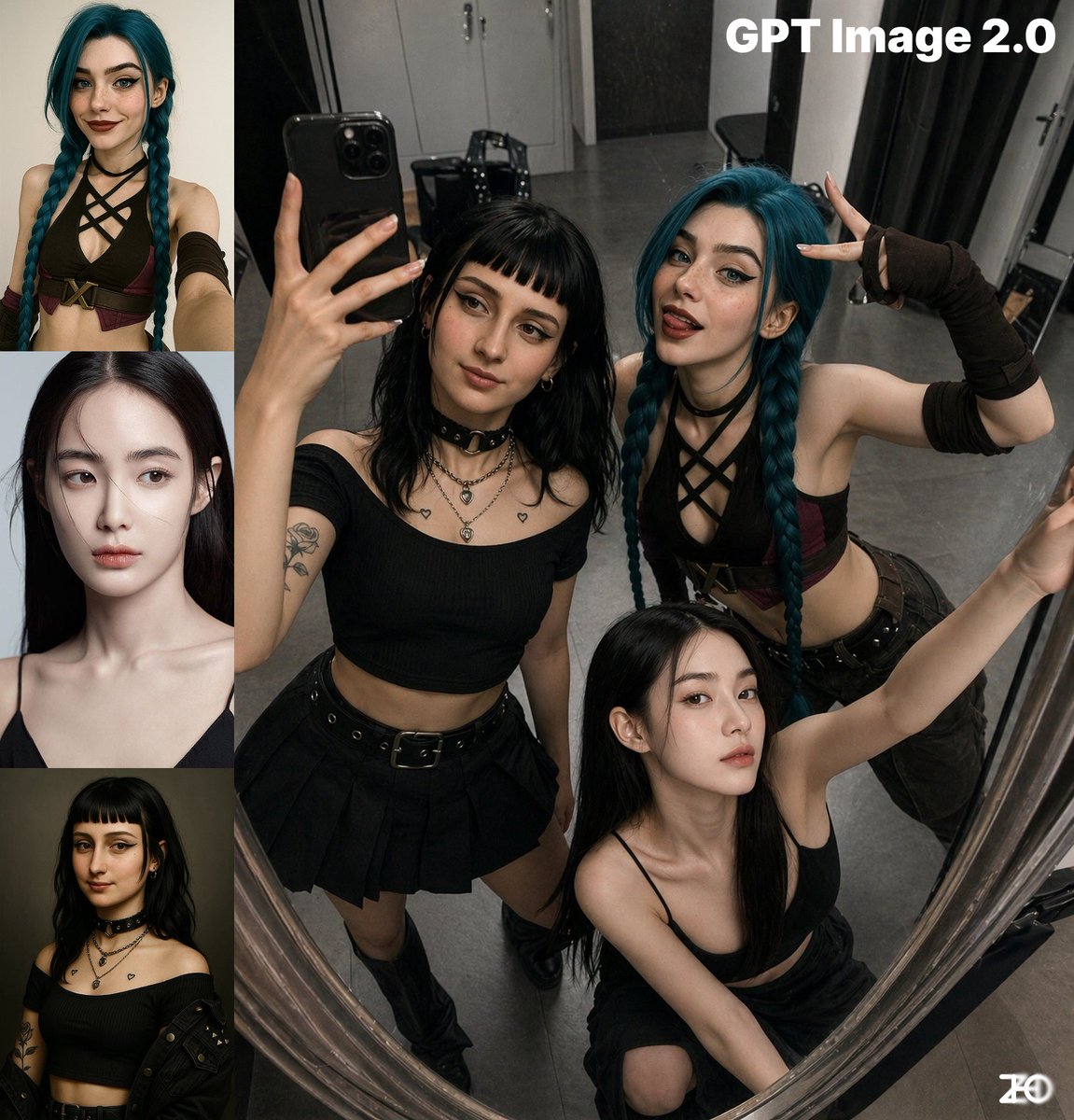 Top-View Mirror Selfie GPT Image 2 prompt example: A prompt for a group photo taken from a high angle in front of a mirror with exaggerated poses.
