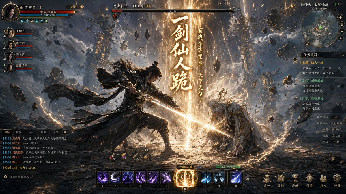 Wuxia MMORPG Gameplay Screenshot Qwen Image prompt example variation 4: An epic prompt for creating martial arts game screenshots with dramatic sword effects, game UI elements,...