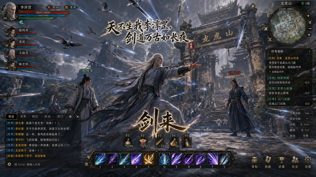 Wuxia MMORPG Gameplay Screenshot Qwen Image prompt example: An epic prompt for creating martial arts game screenshots with dramatic sword effects, game UI elements, and cinematic...