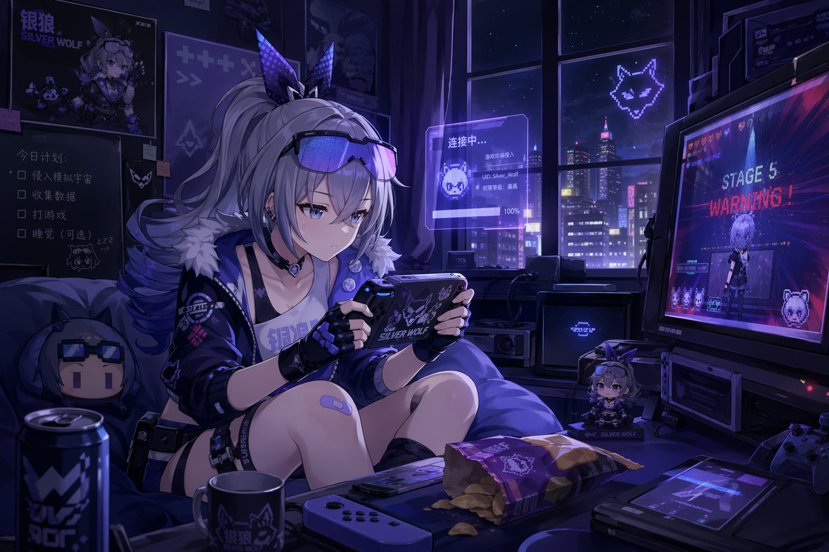 Silver Wolf Gaming Character Art のQwen Imageプロンプト例: A simple direct instruction to draw a specific gaming character engaged in an activity.
